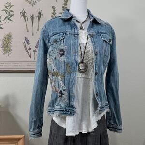 90s Y2k Denim Upcycled Lace Floral Beaded Jean Jacket Fairy Grunge Whimsy S